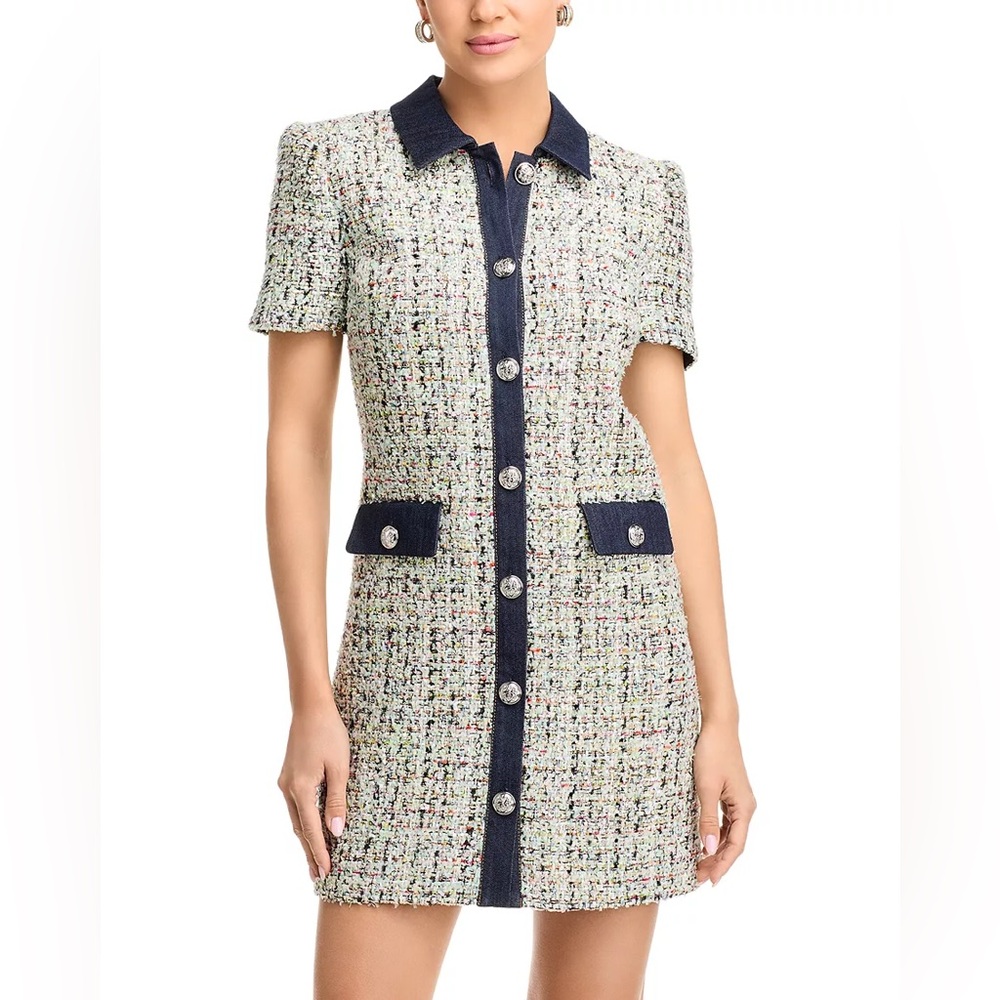 Cinq à Sept Anya Bouclé Pammy dress with dark denim trim.
